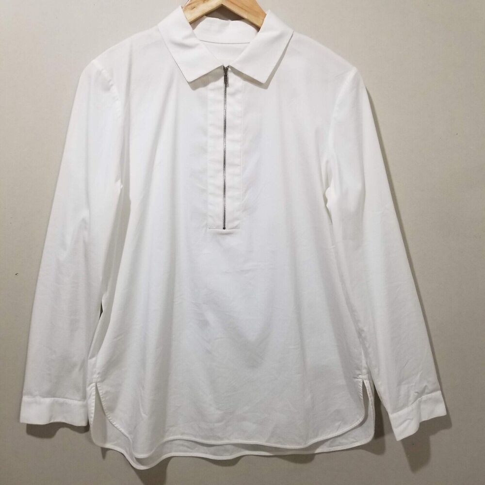 Lafayette 148 Blouse Womens Medium White Popover 1/2 Zip Stretch Cotton Poplin